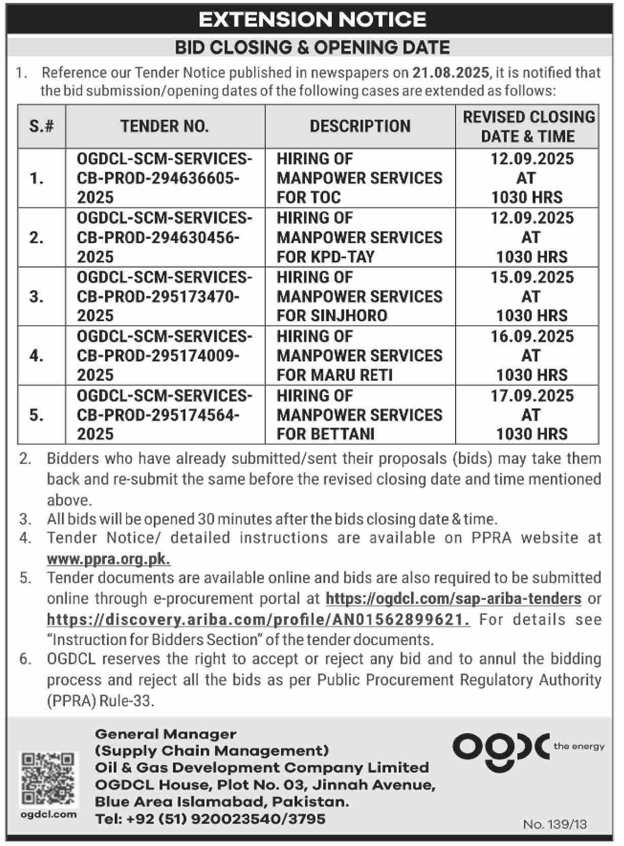 Oil & Gas Development Company Limited Islamabad Tender Notice-1